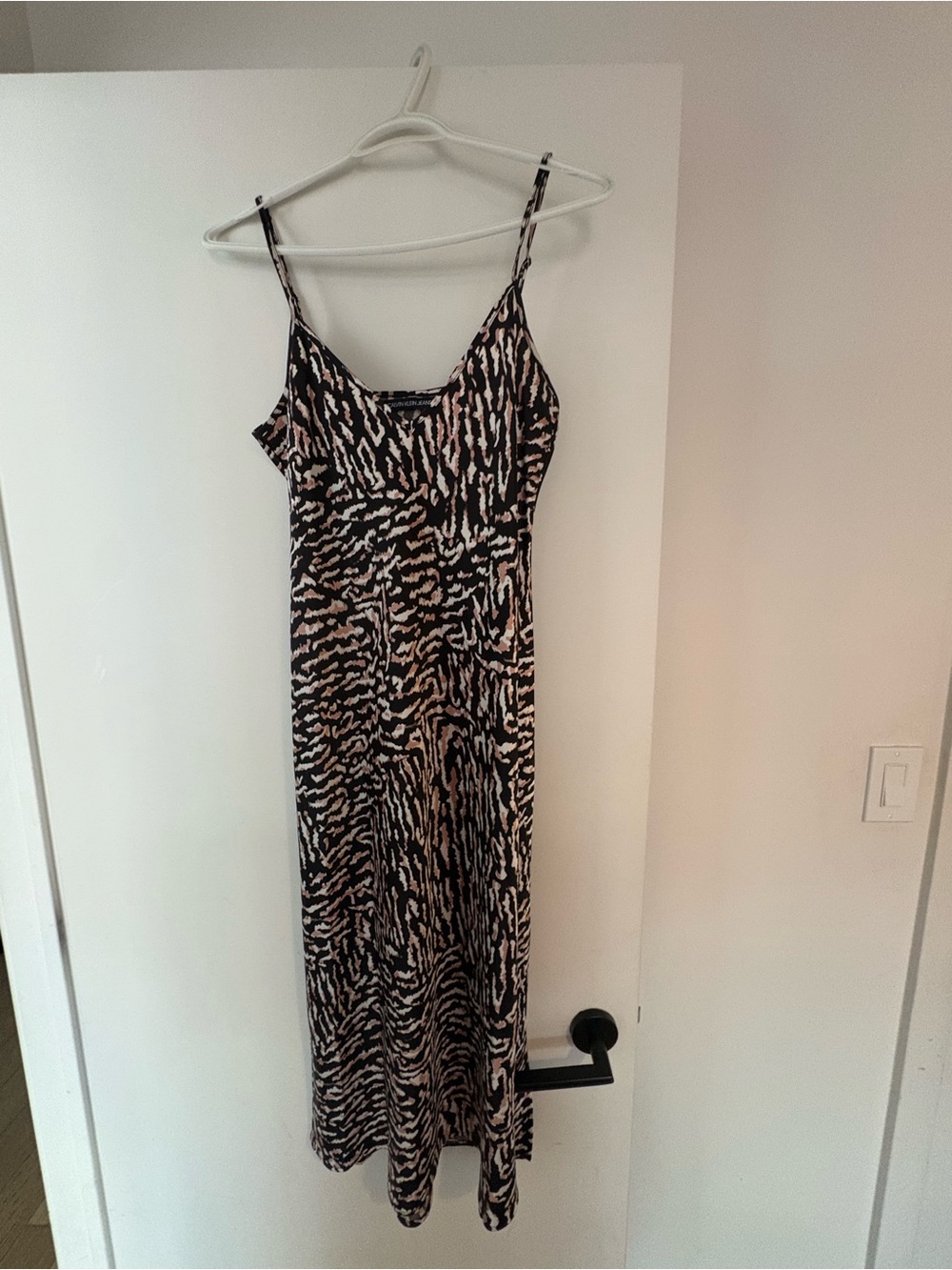 Calvin Klein Jeans Black and Tan Animal-Print Maxi Slip Dress
